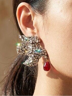 ✨  Crystal-Embellished Bird Statement Earrings with Red Teardrop Accents